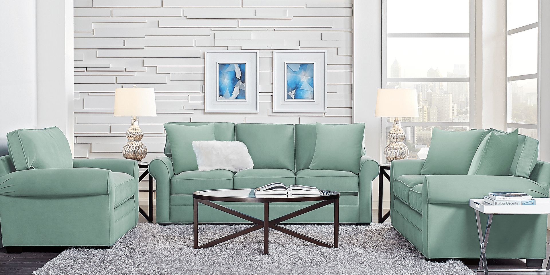 Cindy Crawford Home Bellingham Basil Microfiber 5 Pc Living Room - Image 1