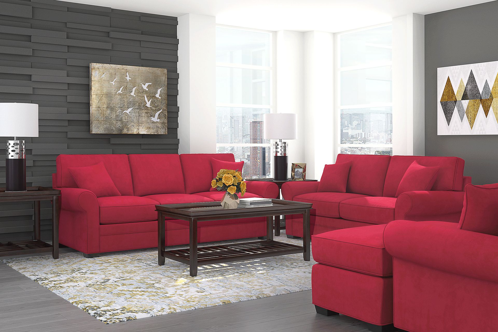 Cindy Crawford Home Bellingham Cardinal Microfiber 5 Pc Living Room - Image 1