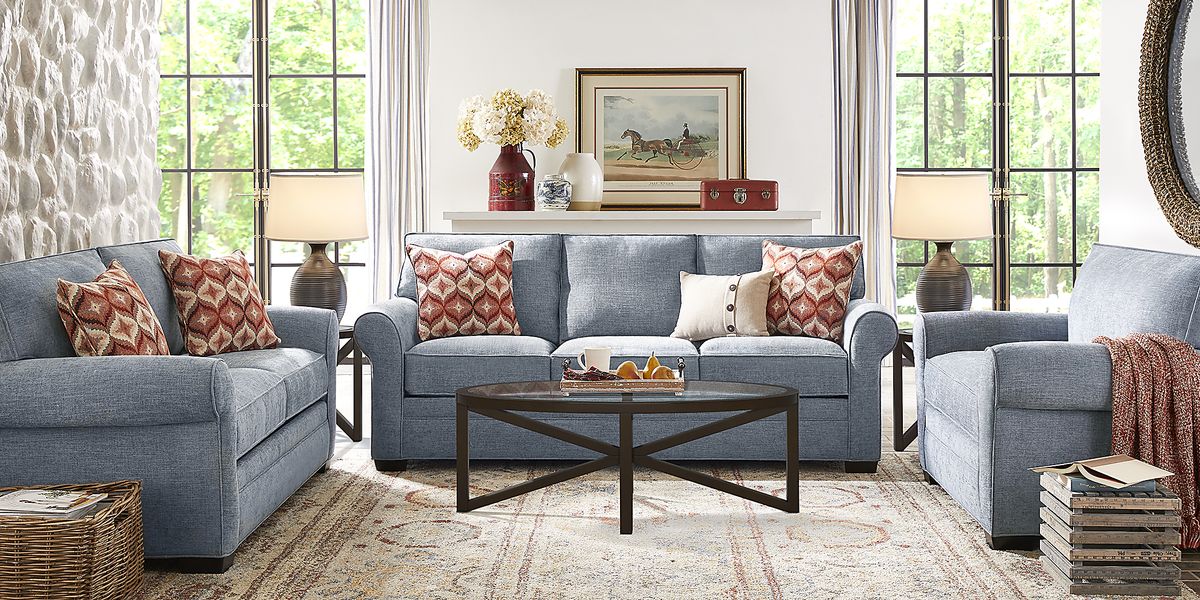 Cindy Crawford Bellingham 2 Pc Chambray Blue Chenille Fabric Living Room Set Rooms To Go