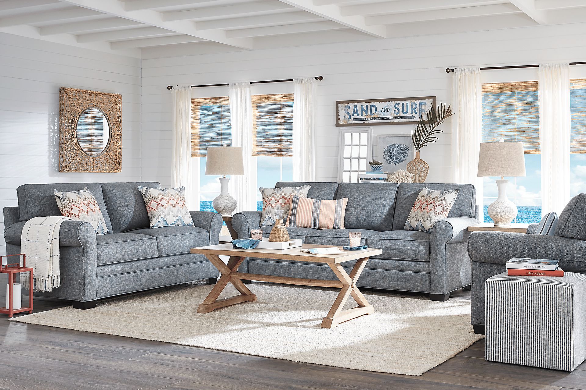 Cindy Crawford Bellingham 2 Pc Denim Blue Textured Living Room Set With  Sofa, Loveseat