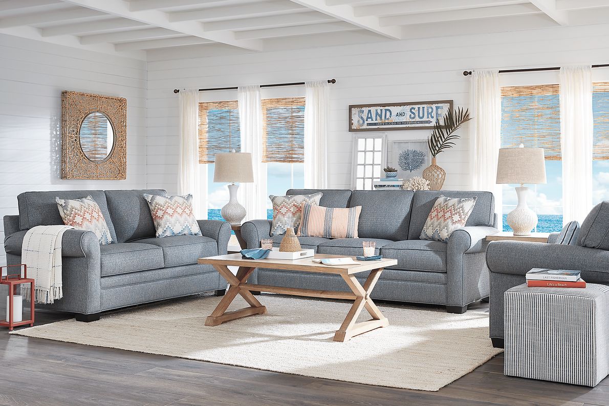 Cindy Crawford Home Bellingham Denim Textured 7 Pc Living Room with Foam Sleeper Sofa Rooms To Go