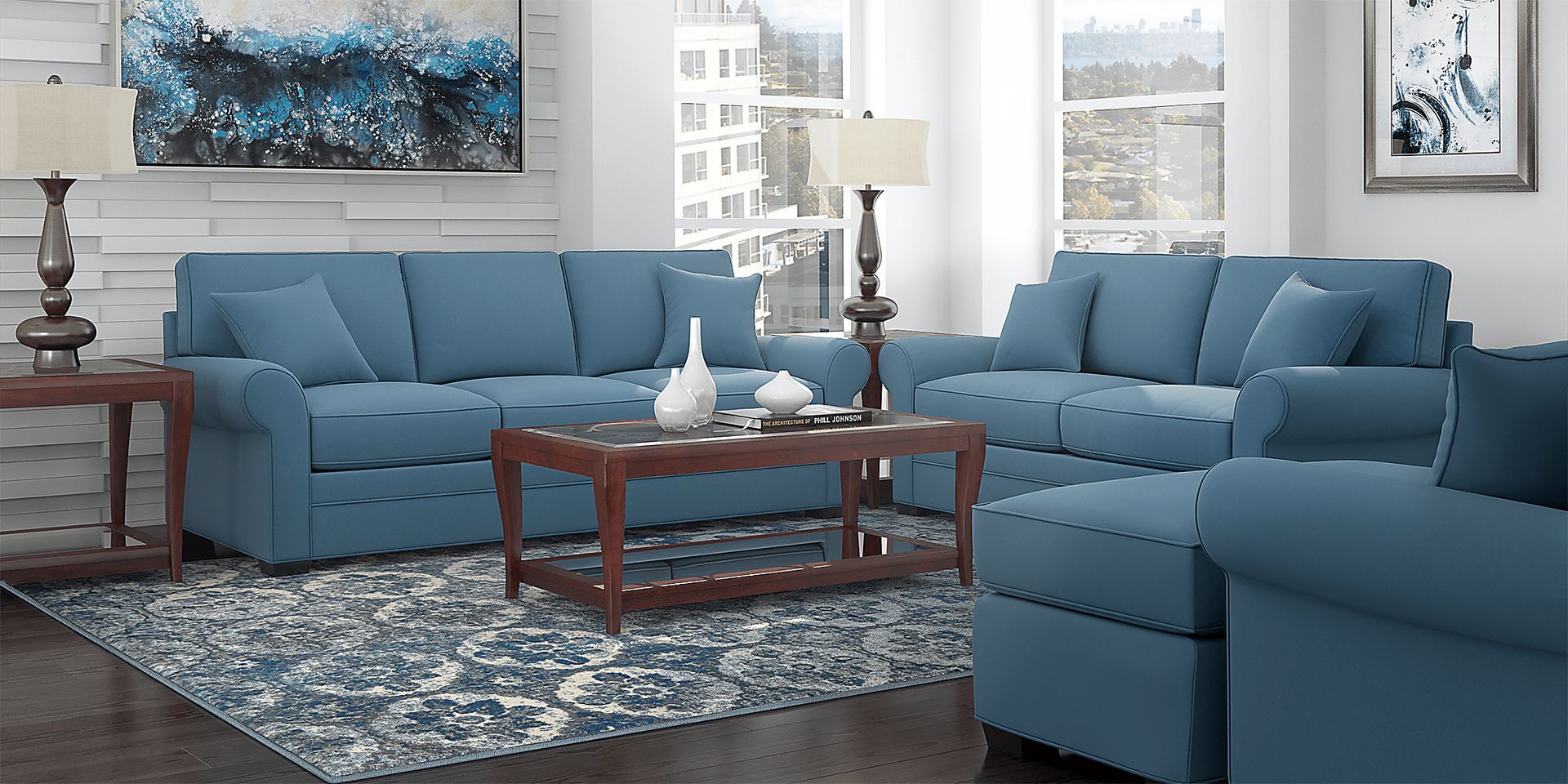 Cindy Crawford Home Bellingham Indigo Microfiber 5 Pc Living Room - Image 1