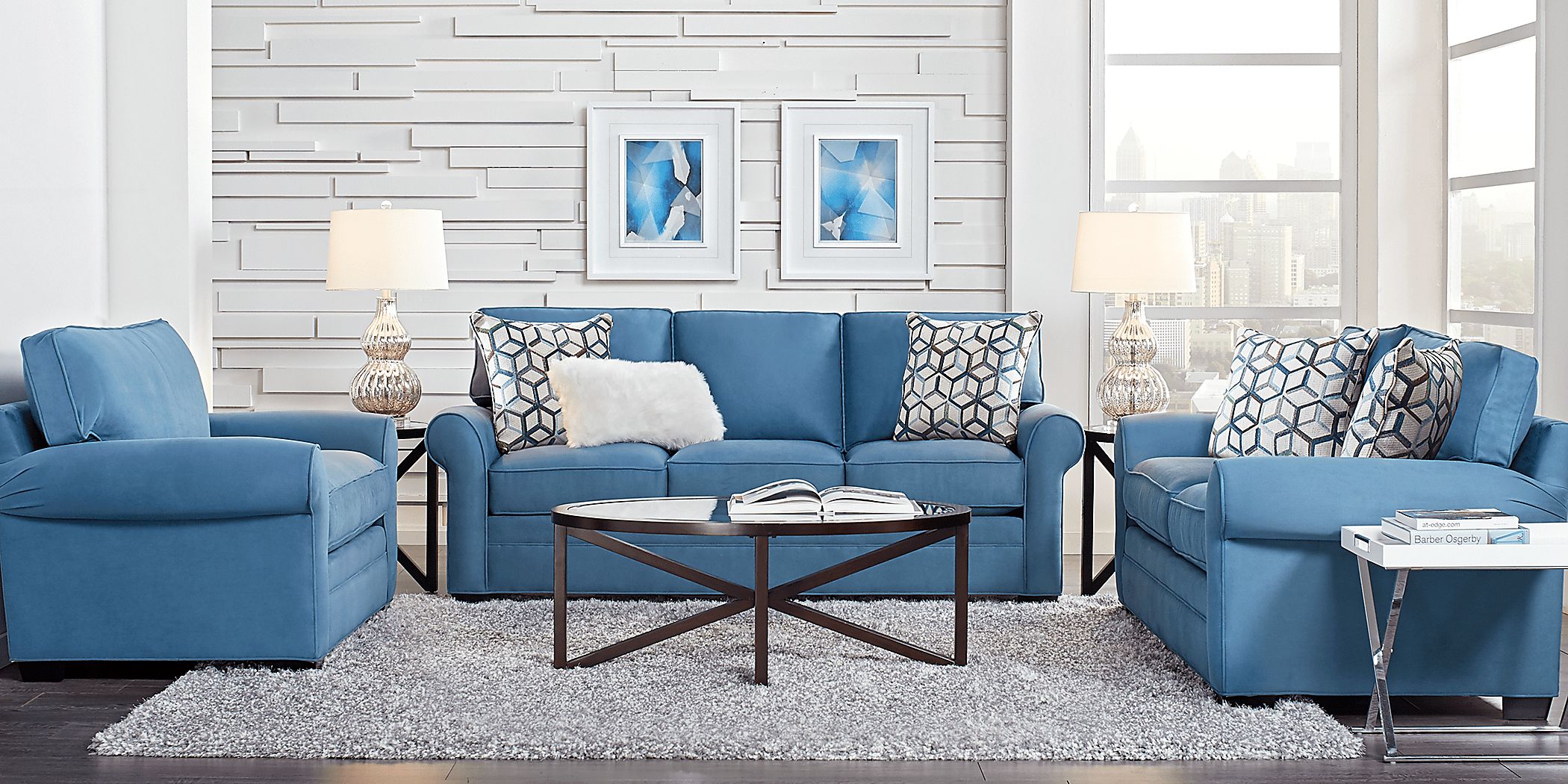 Cindy Crawford Bellingham 7 Pc Indigo Blue Microfiber Living Room Set
