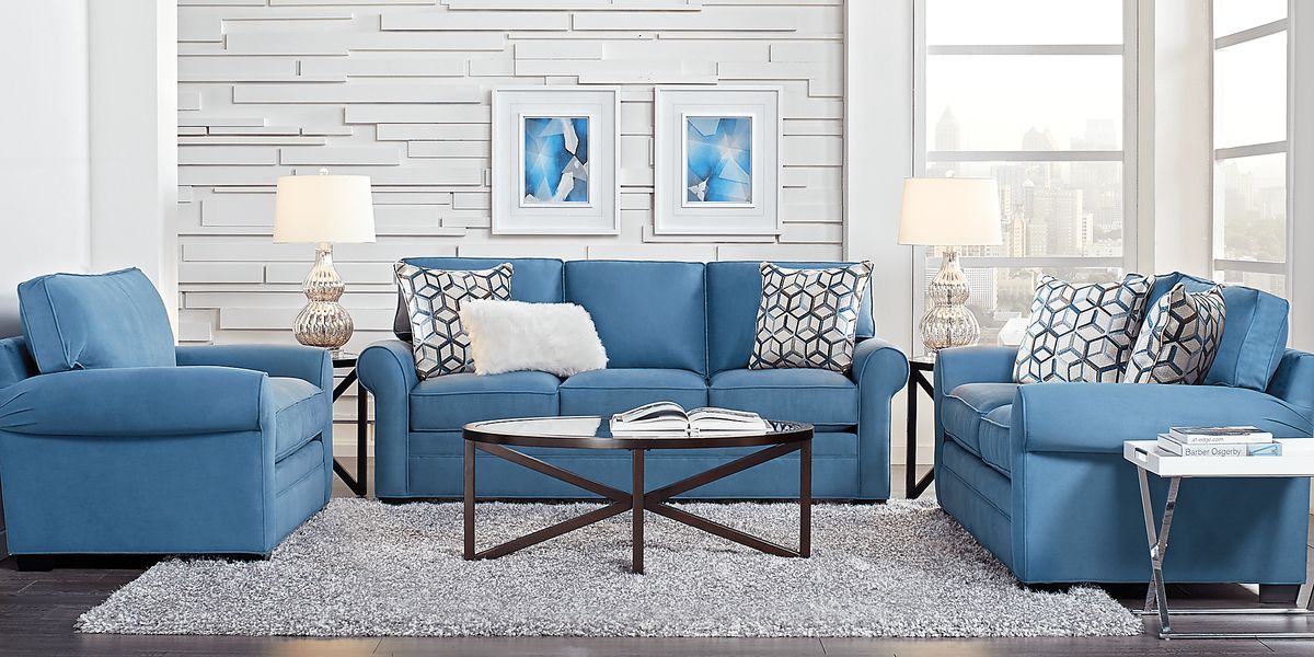 Cindy Crawford Bellingham 7 Pc Indigo Blue Microfiber Living Room Set