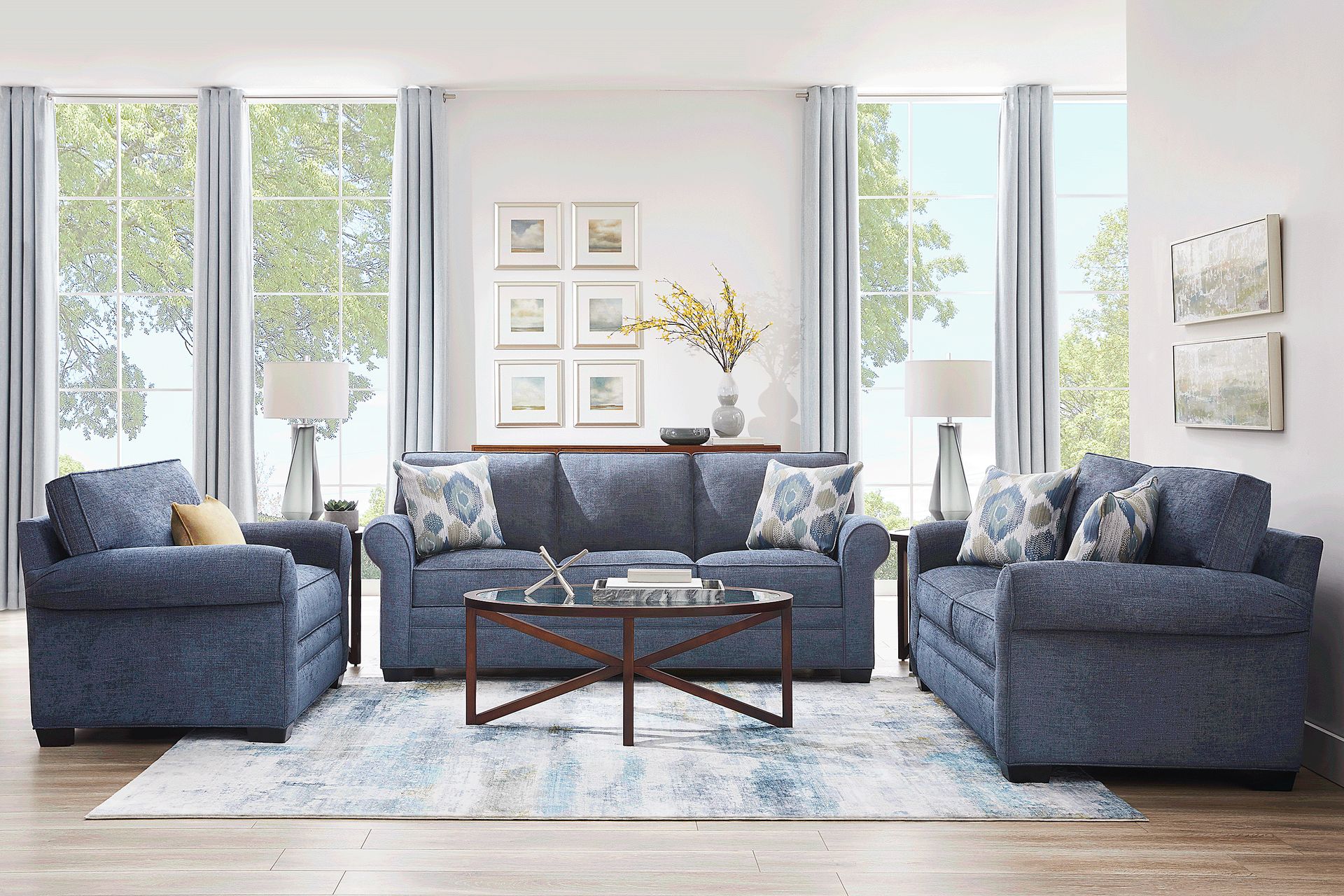 Cindy Crawford Home Bellingham Sapphire Textured Chenille 7 Pc Living Room w/ Gel Foam Sleeper Sofa - Image 1