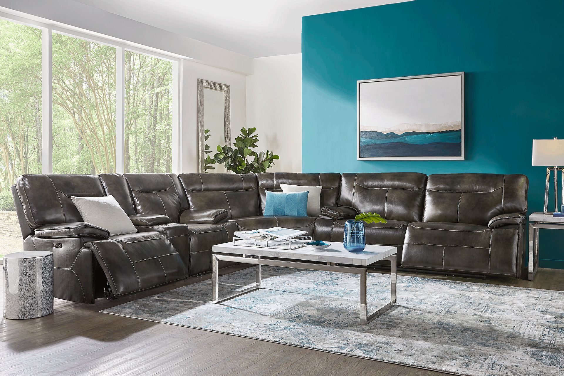 Bernsley Gray Leather 3 Pc Dual Power Reclining Sectional - Image 2