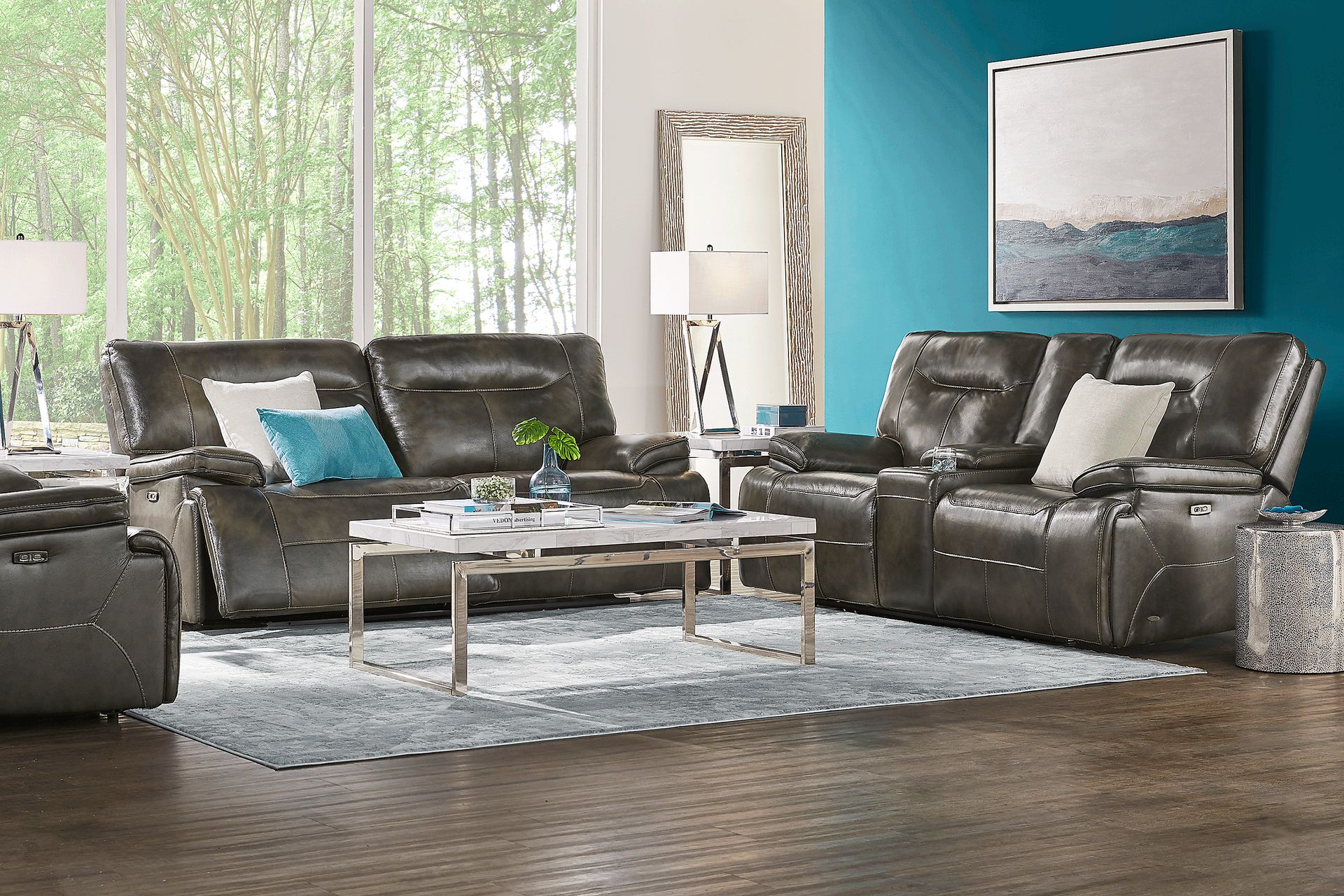 Bernsley Gray Leather 8 Pc Dual Power Reclining Living Room - Image 1