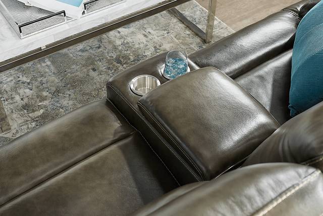Bernsley Gray Leather Reclining Loveseat - Thumbnail - Image 3