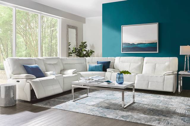 Bernsley White Leather 6 Pc Dual Power Reclining Sectional Living Room - Thumbnail - Image 1