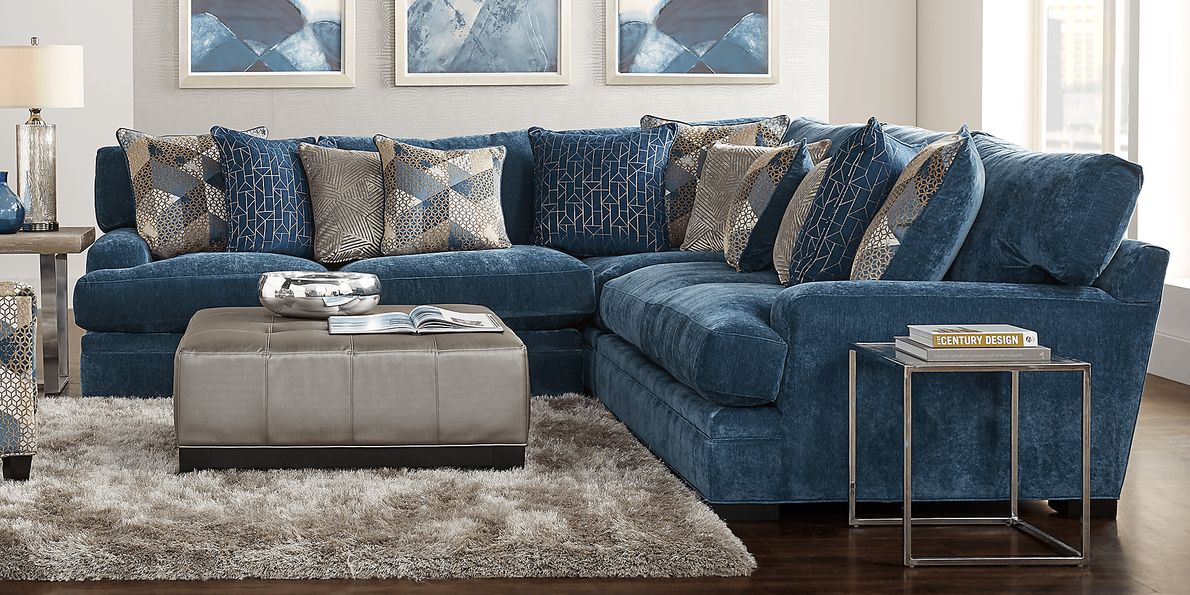 Cindy Crawford Beverlywood 4 Pc Navy Blue Plush Living Room Set With 3 Pc Sectional, Cocktail