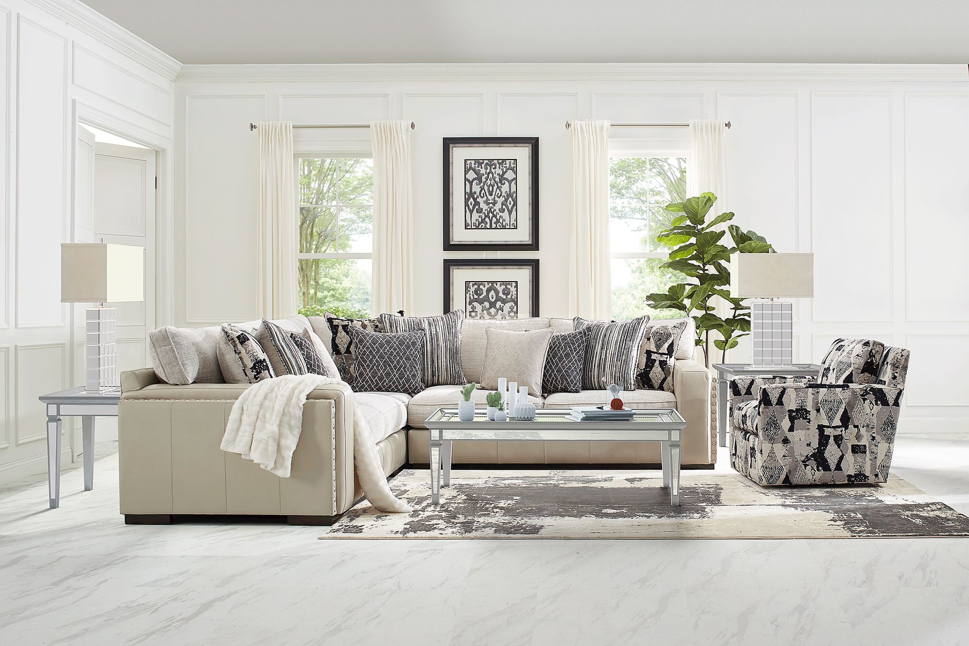Cindy Crawford Home Broad Street Ivory 6 Pc Sectional Living Room - Image 1