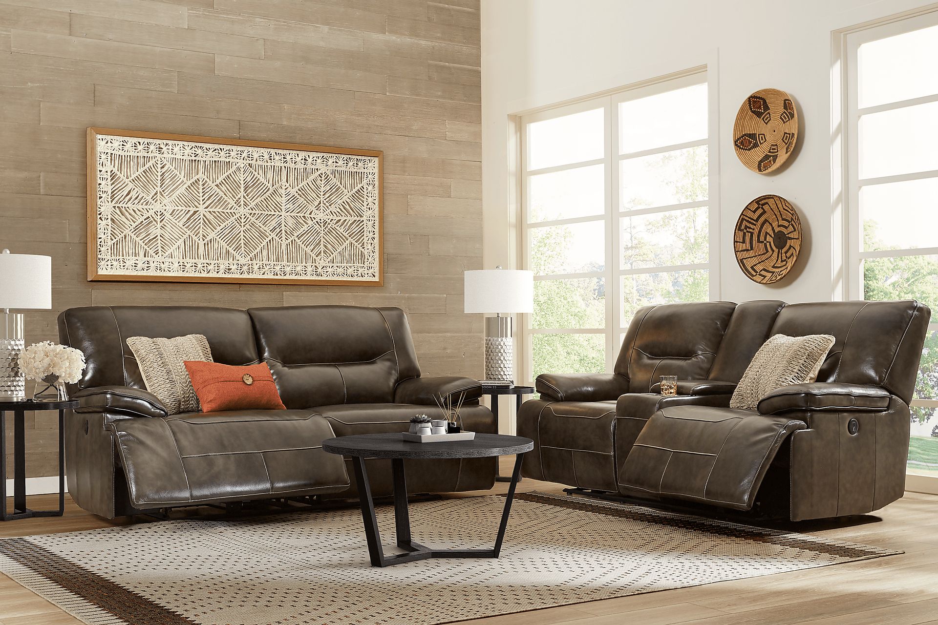 Cindy Crawford Caletta 5 Pc Gray Leather Manual Reclining Living Room Set With Reclining Sofa Reclining Console Loveseat 3 Pc Table Set Rooms to Go