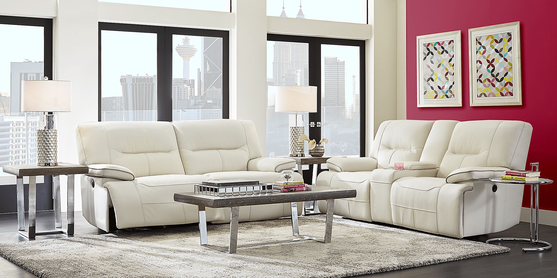 Cindy Crawford Home Caletta Off-White 5 Pc Leather Reclining Living Room - Image 1