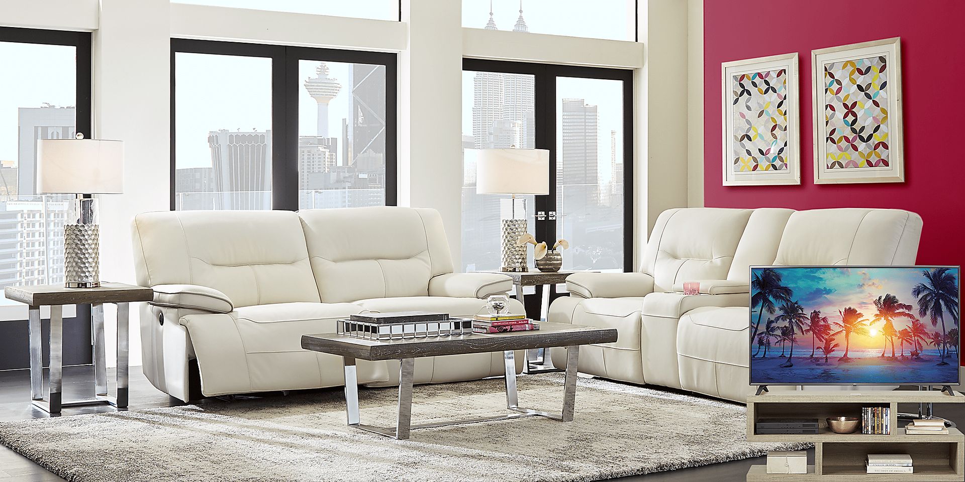Cindy Crawford Home Caletta Off-White 7 Pc Leather Reclining Living Room Plus 70 in. TV - Image 1