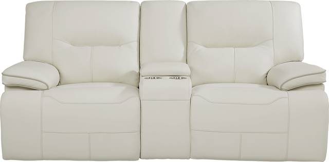 Cindy Crawford Home Caletta Off-White Leather Power Reclining Console Loveseat - Thumbnail - Image 1
