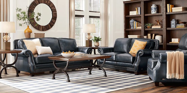 Cindy Crawford Home Calvano Blue Leather 7 Pc Living Room