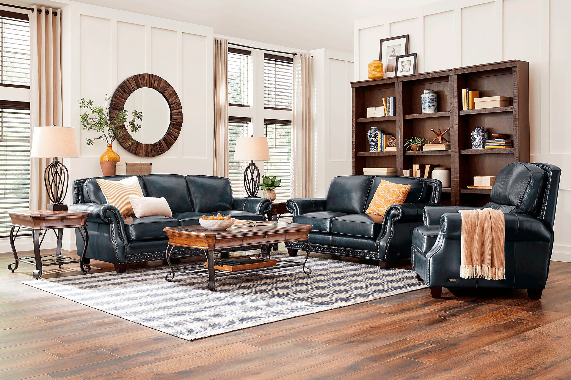 Cindy Crawford Home Calvano Blue Leather 7 Pc Living Room - Image 1