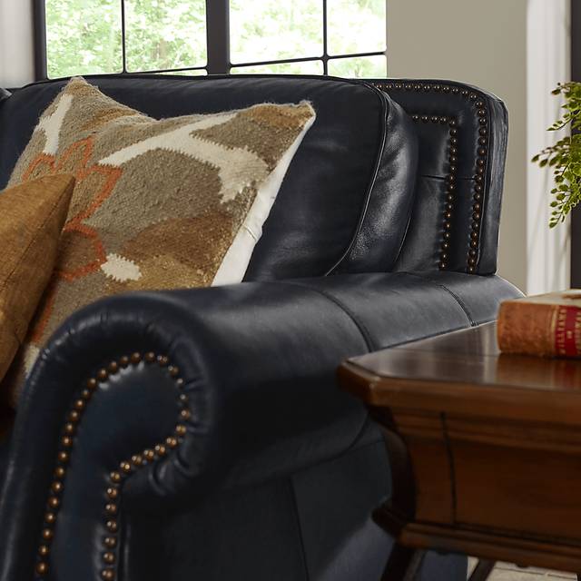 Calvano Blue Leather 7 Pc Living Room with Sleeper Sofa - Thumbnail - Image 4