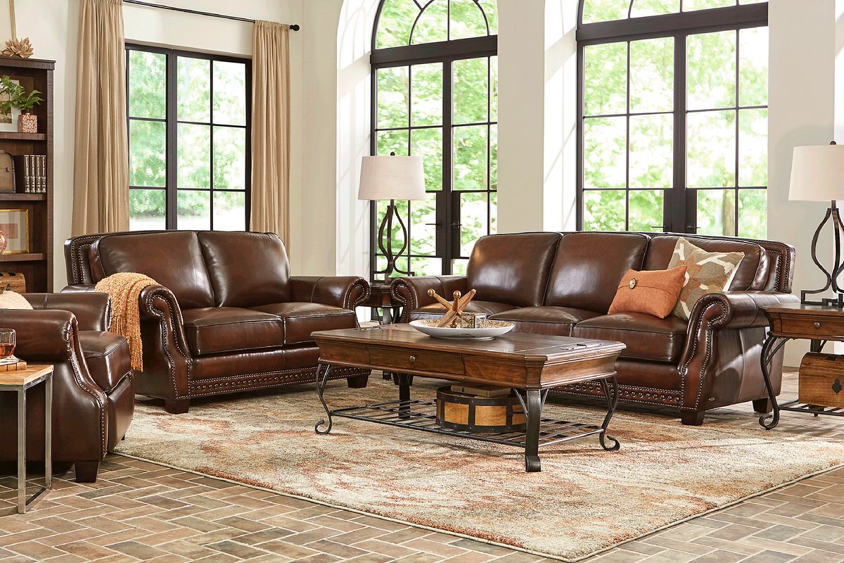Cindy Crawford Calvano 5 Pc Brown Leather Living Room Set With Sofa ...