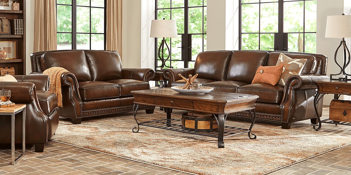 Cindy Crawford Calvano 5 Pc Brown Leather Living Room Set Rooms To Go