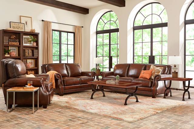 Calvano Brown Leather 7 Pc Living Room - Thumbnail - Image 1