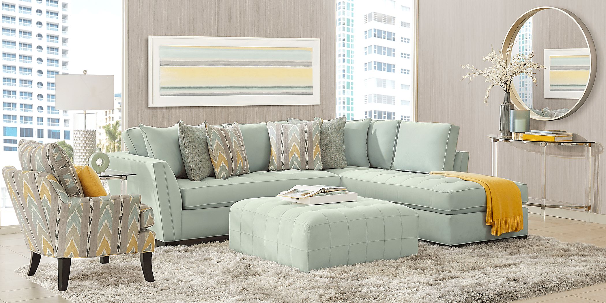 Cindy Crawford Home Calvin Heights Aqua Microfiber 2 Pc Sectional Rooms To Go