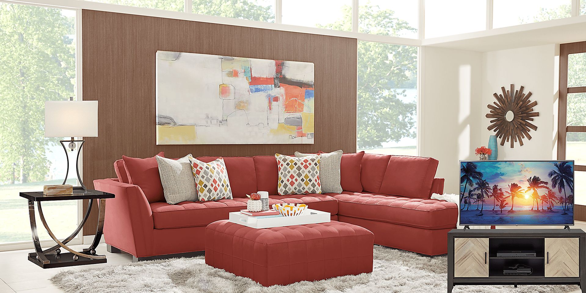 Cindy Crawford Home Calvin Heights Brick Microfiber 6 Pc XL Sectional Living Room Plus 70 in. TV - Image 1