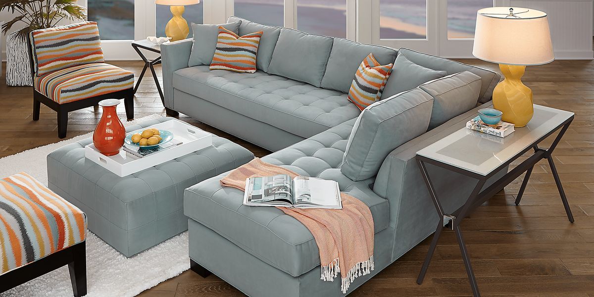 Cindy Crawford Calvin Heights 3 Pc Hydra Blue Microfiber Living Room