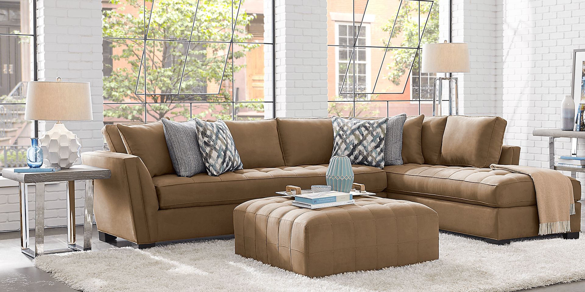 Cindy Crawford Home Calvin Heights Khaki Microfiber 2 Pc XL Sectional - Image 2