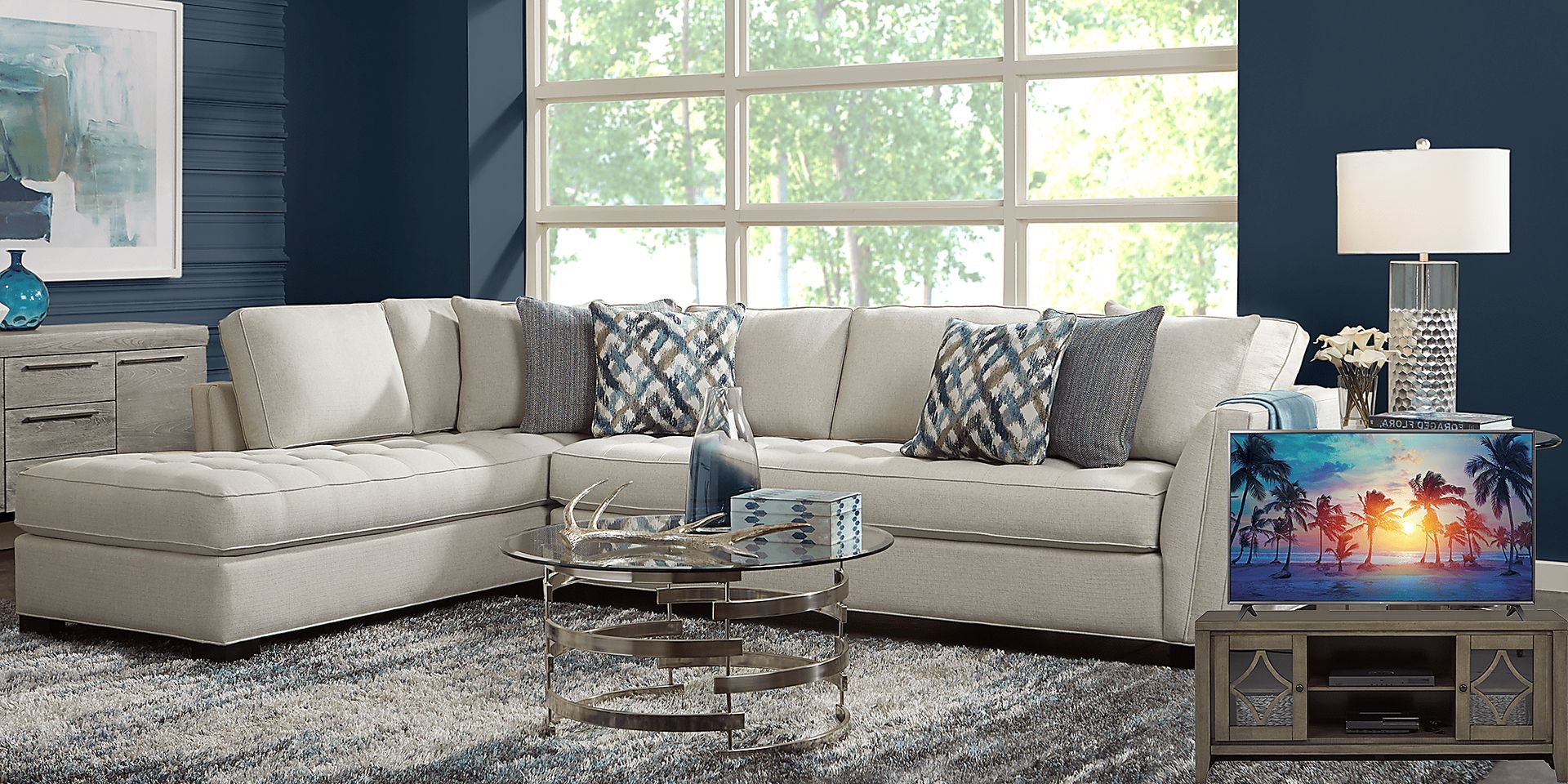 Cindy Crawford Home Calvin Heights Oatmeal 6 Pc XL Sectional Living Room Plus 70 in. TV - Image 1