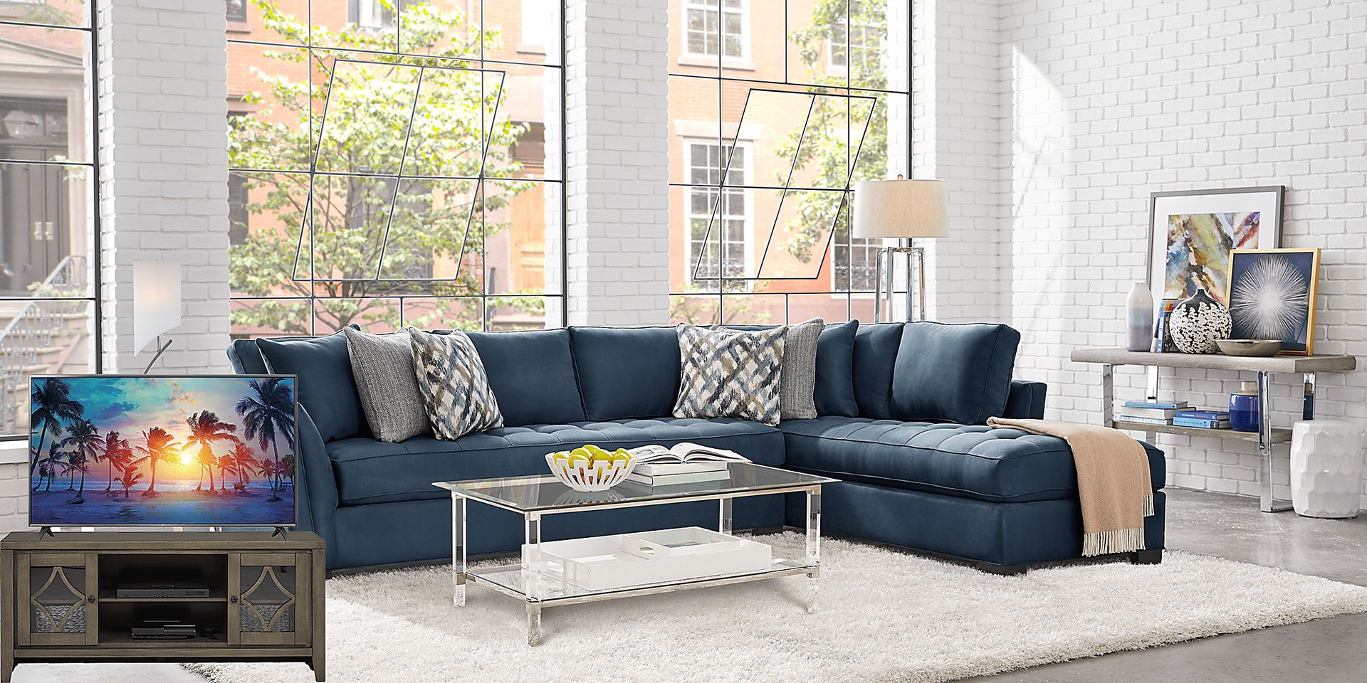 Cindy Crawford Home Calvin Heights Sapphire 6 Pc XL Sectional Living Room Plus 70 in. TV - Image 1