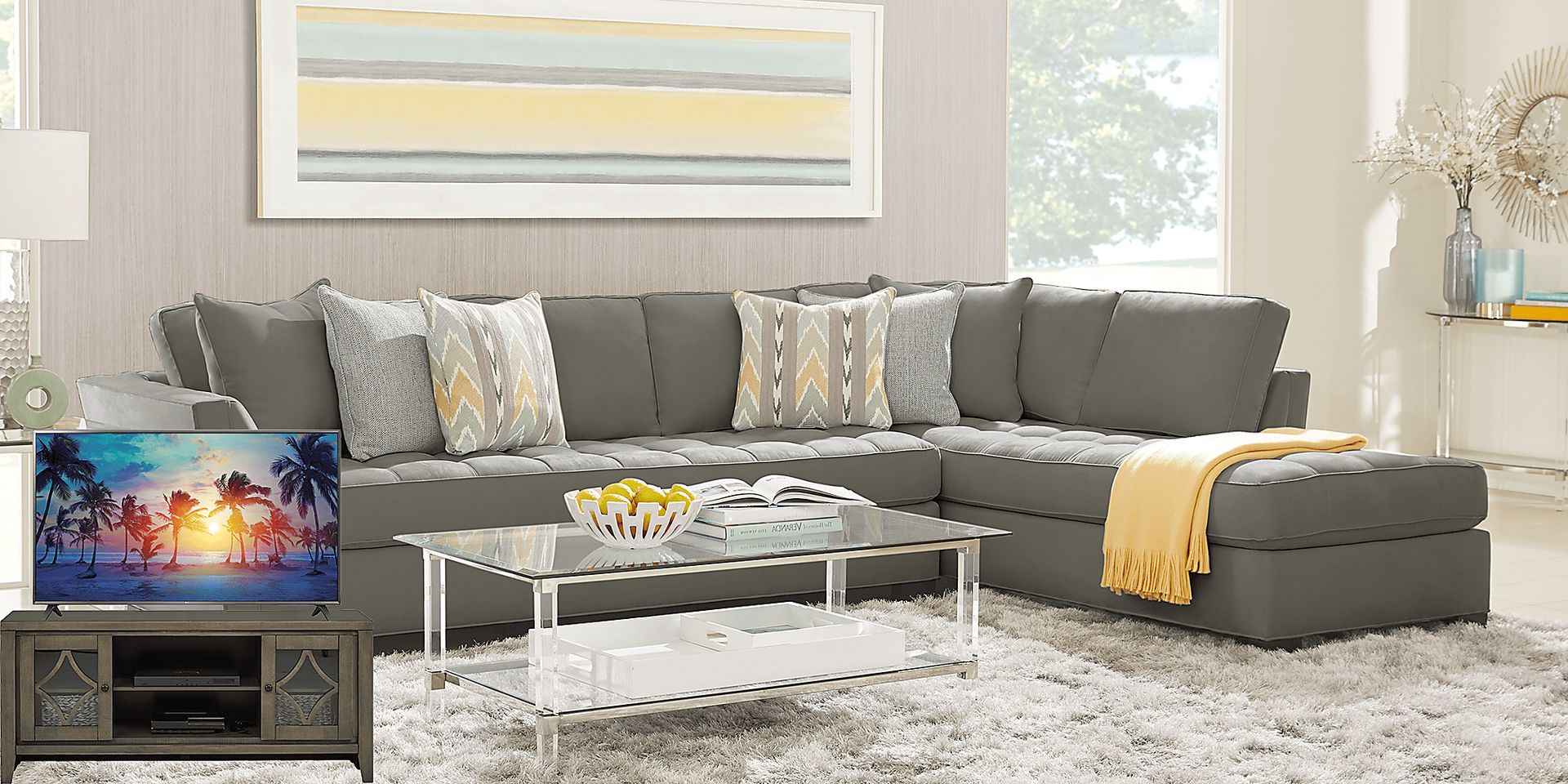 Cindy Crawford Home Calvin Heights Steel 6 Pc XL Sectional Living Room Plus 70 in. TV - Image 1