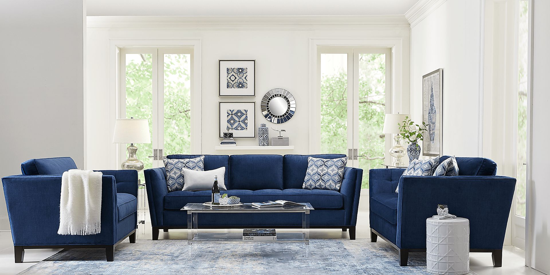 Cindy Crawford Central Boulevard 7 Pc Ink Blue Plush Living Room Set