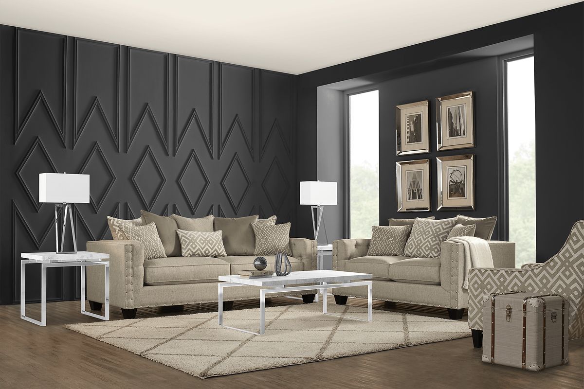Cindy Crawford Chelsea Hills 8 Pc Beige Polyester Fabric Living Room Set With Sofa Loveseat Accent Chair 3 Pc Table Set Lamp