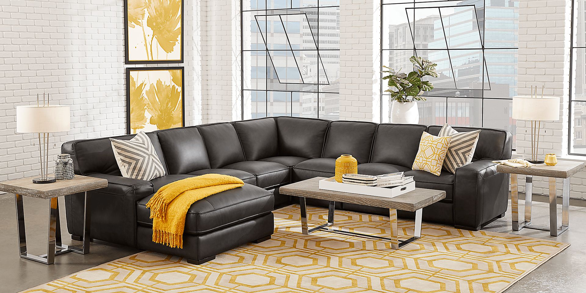 Cindy Crawford Home Deangelo Dark Gray Leather 5 Pc Sectional - Image 2