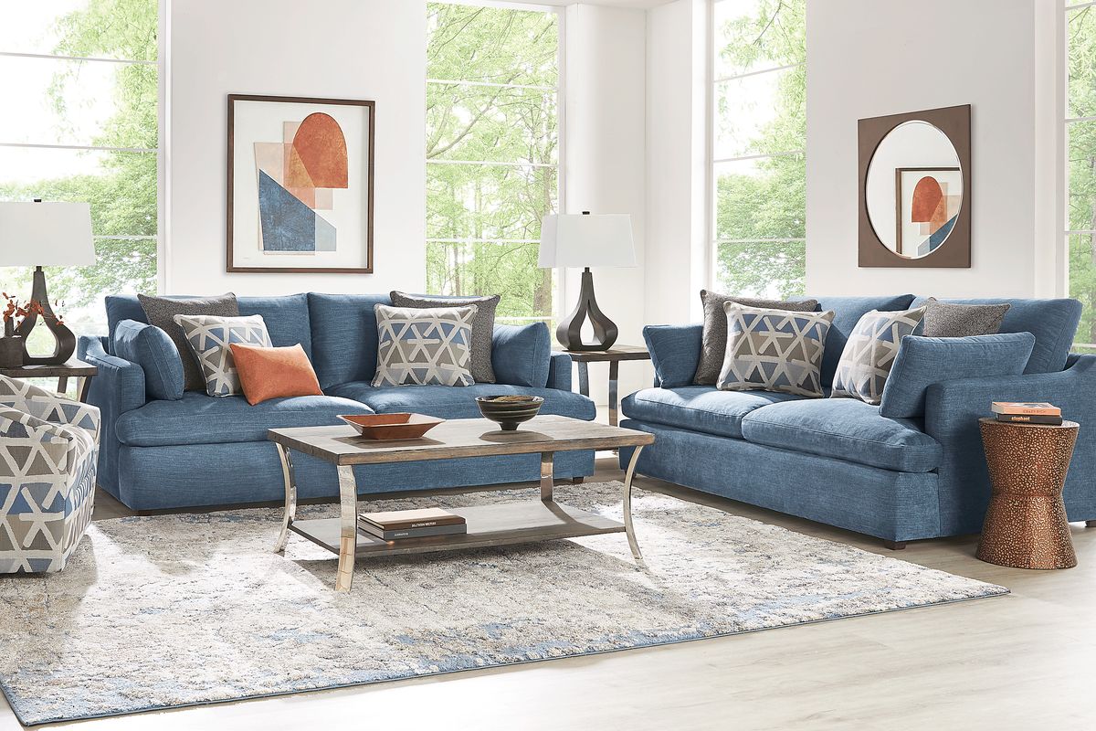 Cindy Crawford Emerson Park 2 Pc Denim Blue Chenille Fabric Living