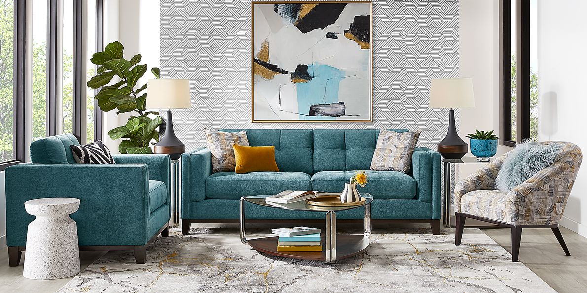 Cindy Crawford Everleigh Place 2 Pc Lagoon Blue Chenille Fabric Living