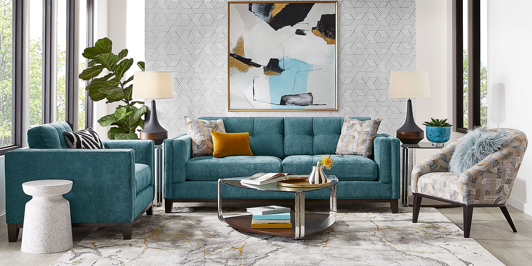 Cindy Crawford Everleigh Place 7 Pc Lagoon Blue Chenille Fabric Living Room Set With Sofa Loveseat 3 Table Lamp Rooms To Go