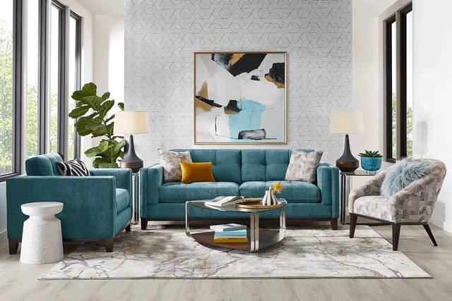 Cindy Crawford Home Everleigh Place Lagoon 7 Pc Living Room with Gel Foam Sleeper Sofa - Thumbnail - Image 1