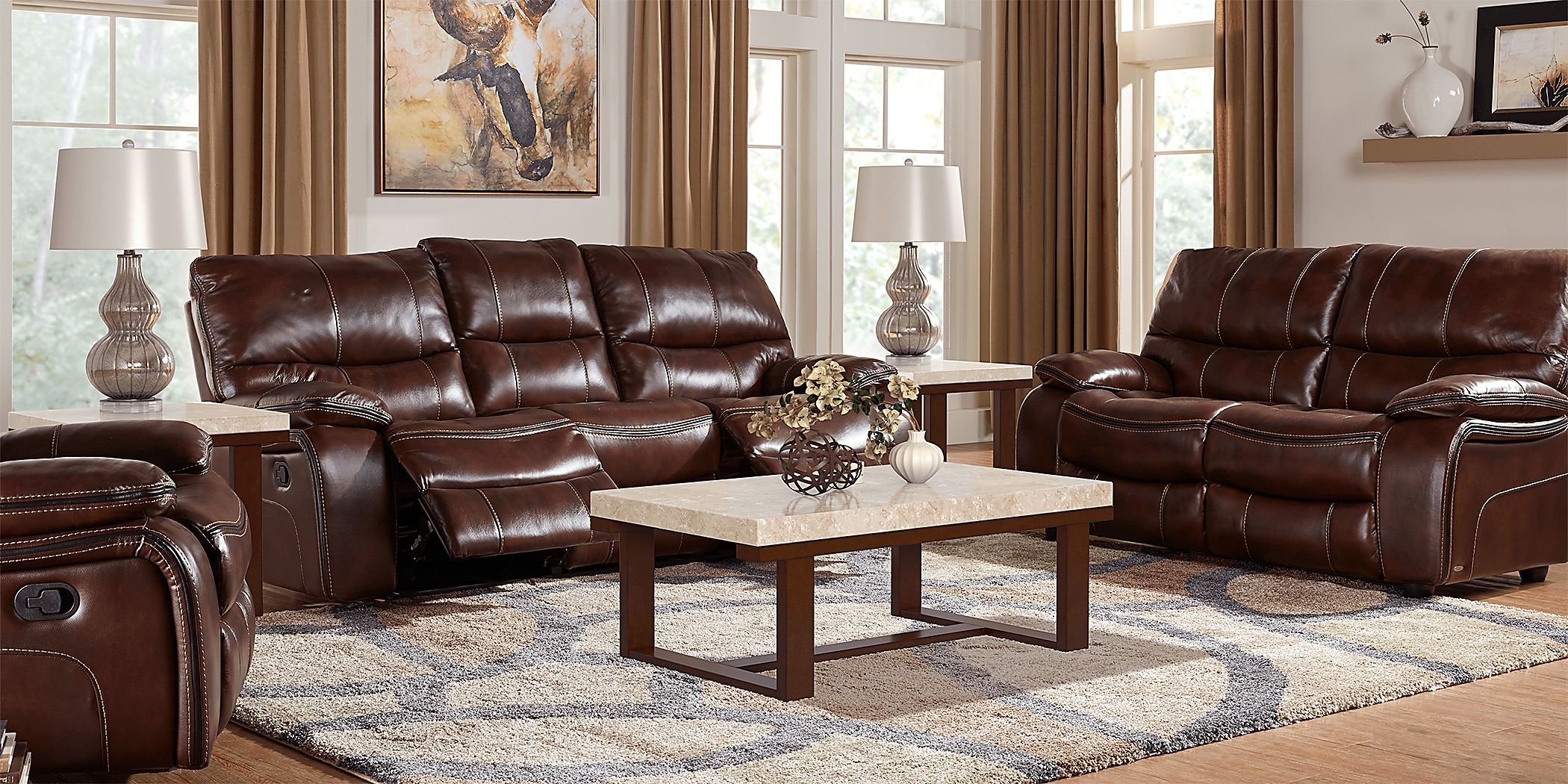 Cindy Crawford Gianna 5 Pc Brown Leather Manual Reclining Classic