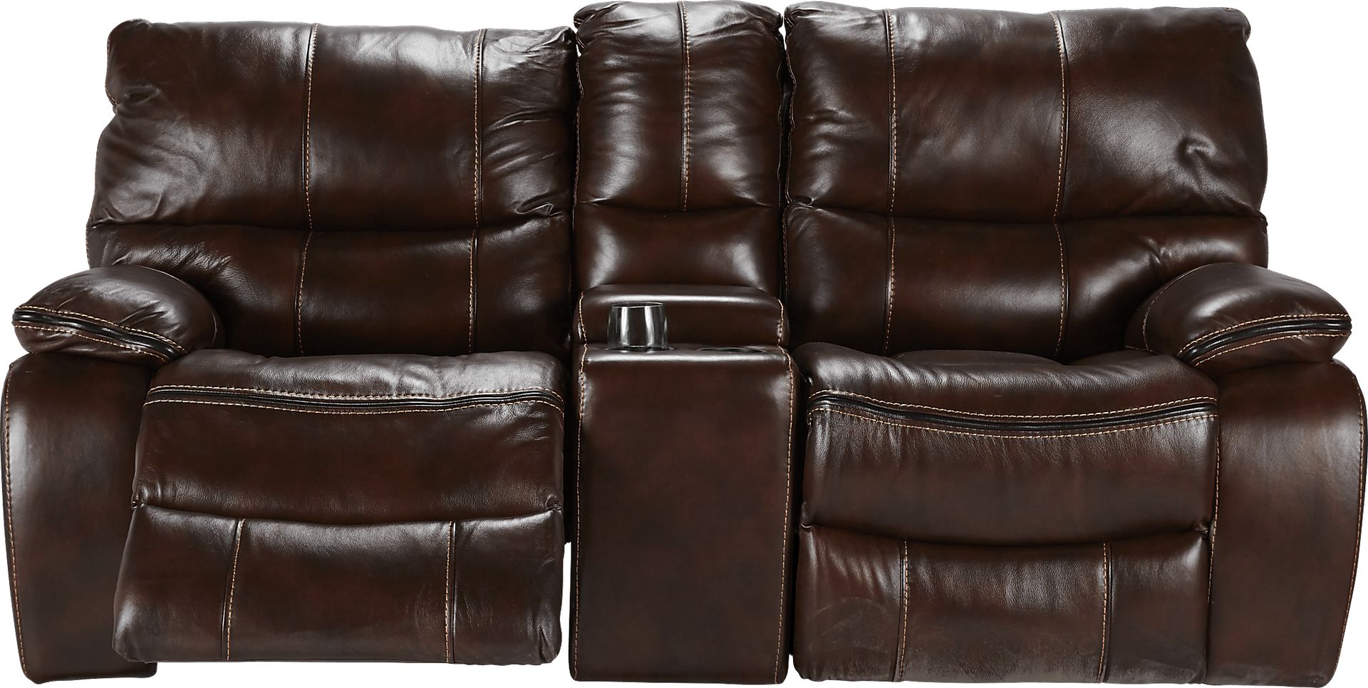 Cindy Crawford Home Gianna Brown Leather Reclining Glider Console Loveseat - Image 1