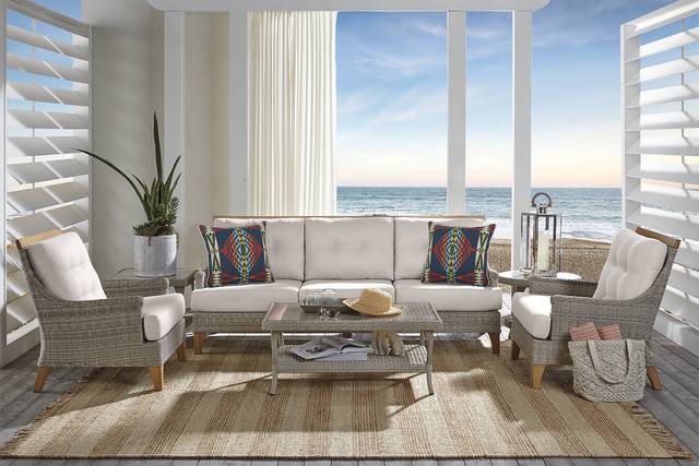 Hamptons Cove Gray 4 Pc Outdoor Seating Set With Flax Cushions - Thumbnail - Image 1