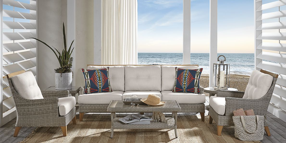 Cindy Crawford Home Hamptons Cove Gray Outdoor Sofa with Flax Cushions