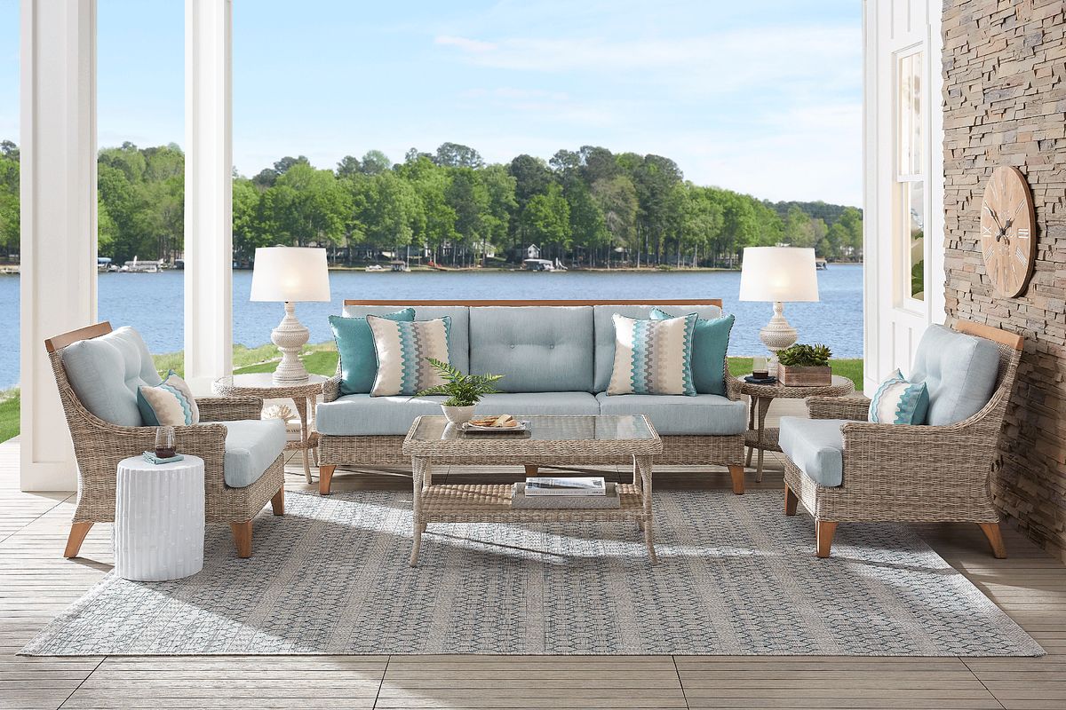 Cindy Crawford Hamptons Cove 4 Pc Gray Wicker Mist Blue Outdoor Seating ...