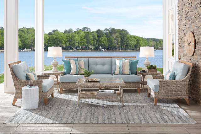 Hamptons Cove Gray Outdoor Sofa with Seafoam Cushions - Thumbnail - Image 2