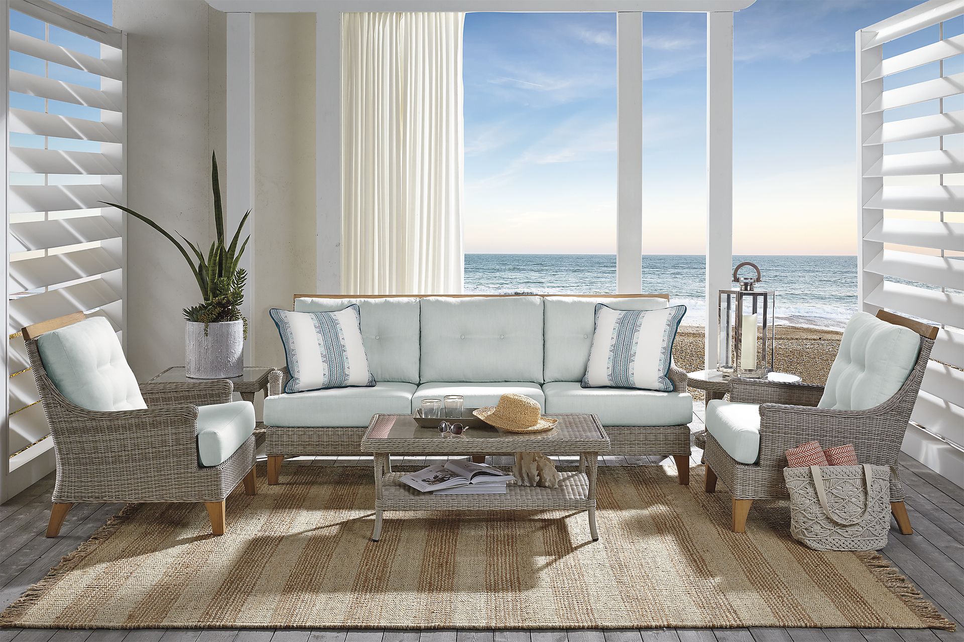 Cindy Crawford Home Hamptons Cove Gray Outdoor Chair with Rollo Seafoam Cushions - Image 2