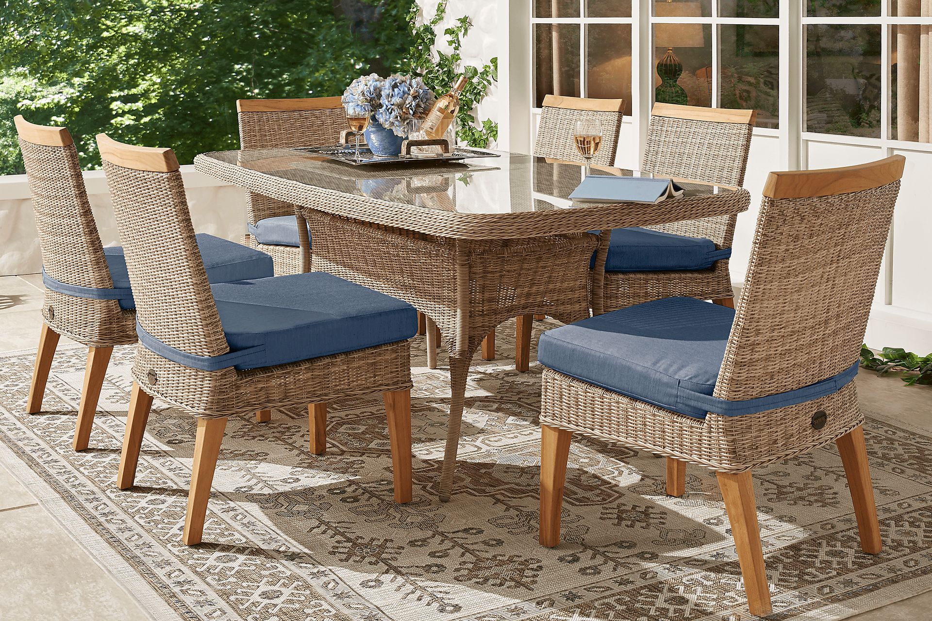 Cindy Crawford Home Hamptons Cove Gray 5 Pc Rectangle Outdoor Dining Set with Denim Cushions - Image 1