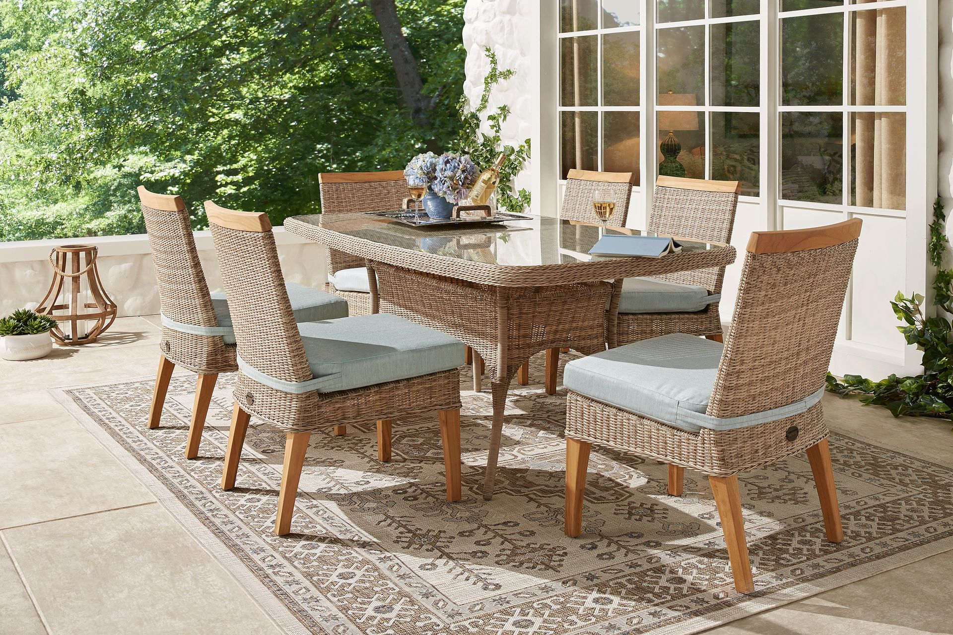 Hamptons Cove Gray 5 Pc Rectangle Outdoor Dining Set with Mist Cushions - Image 1
