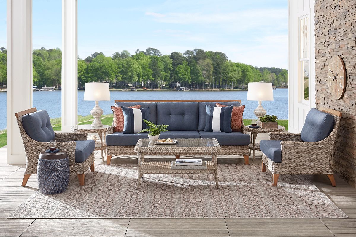 Cindy Crawford Hamptons Cove 6 Pc Gray Wicker Denim Blue Outdoor