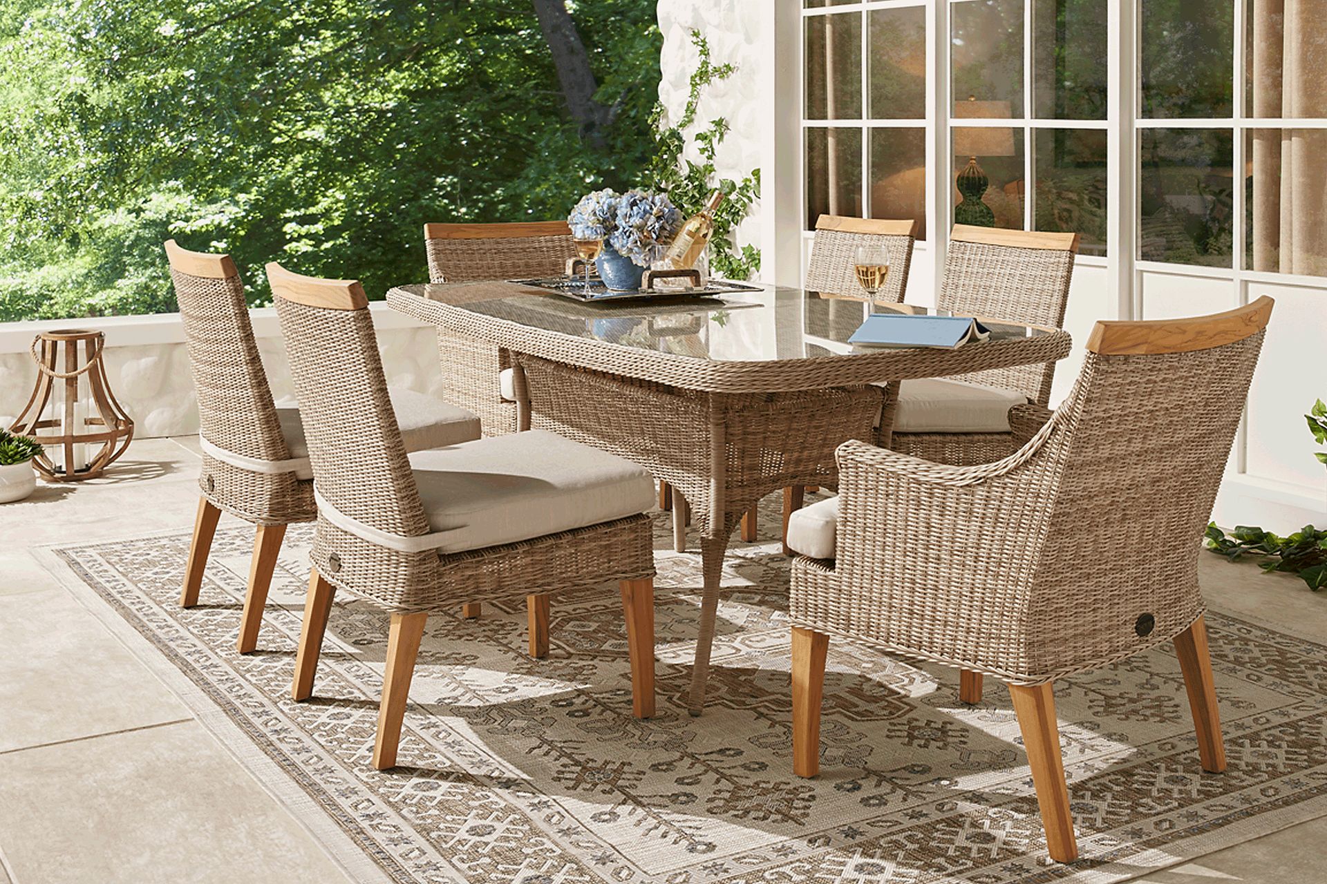 Hamptons Cove Gray 7 Pc Rectangle Outdoor Dining Set with Flax Cushions - Image 1